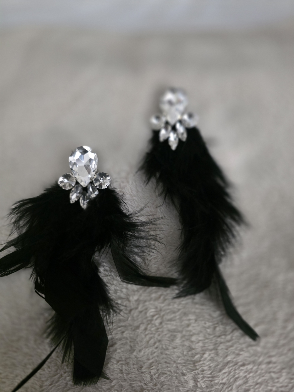 Black Feather and Crystal Statement Drop Earrings